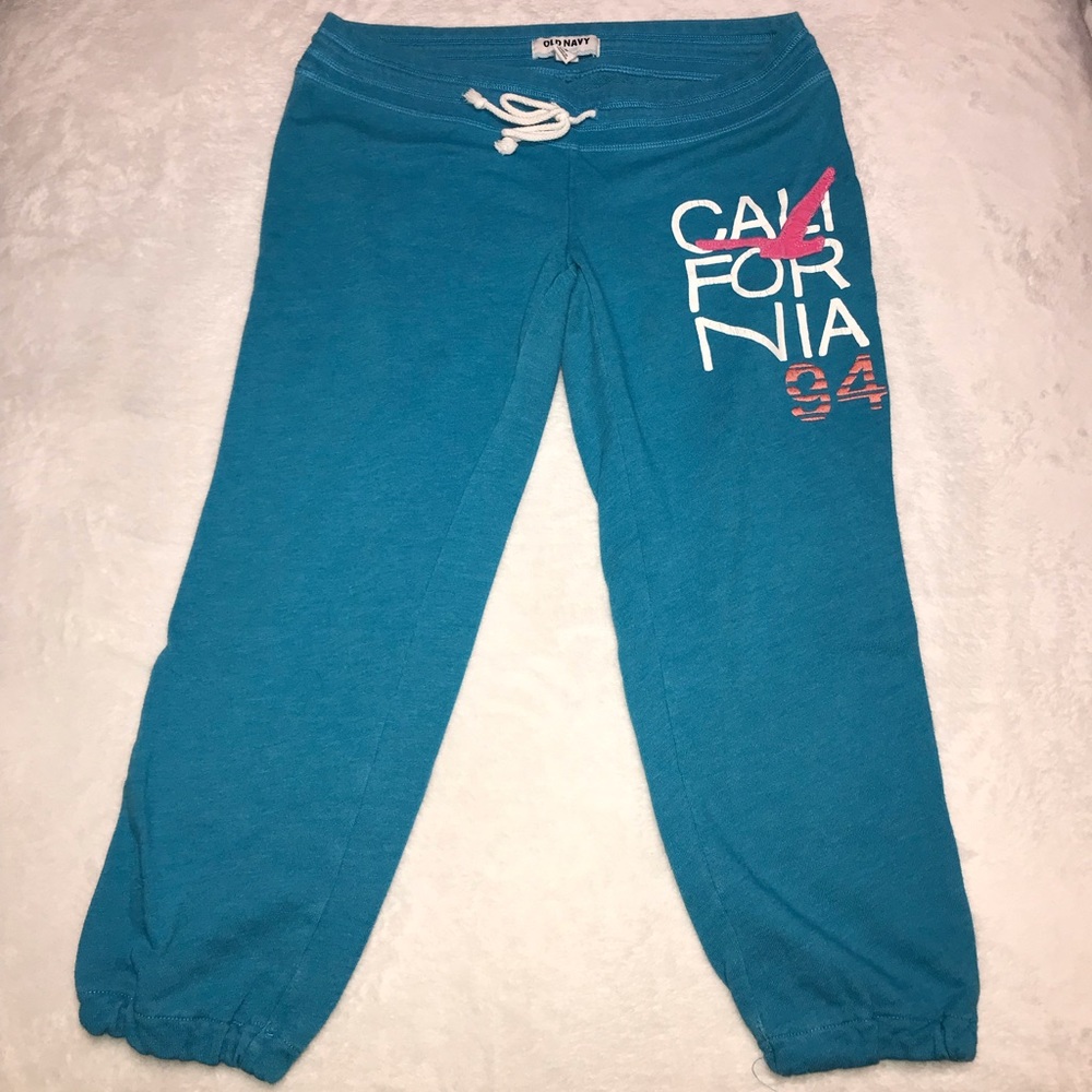 Old Navy Teal Track Pants with White & Pink Graphic